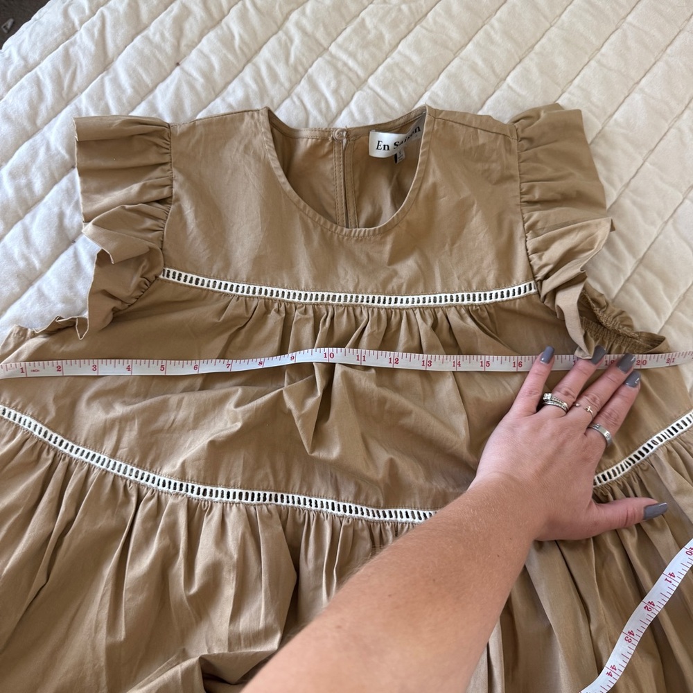 EN SAISON Edna Ruffle Tiered Babydoll mini Dress tan flowy boho size S - Picture 8 of 9